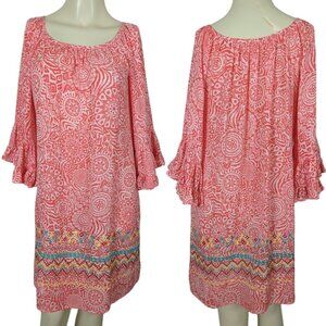 Uncle Frank 3/4" ruffled bell sleeve embroidered orange pink shift dress sz XS‎